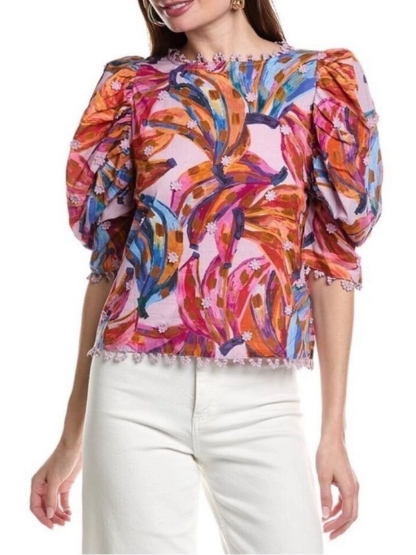 Farm Rio Colored Bananas Puff Sleeve Blouse Size S